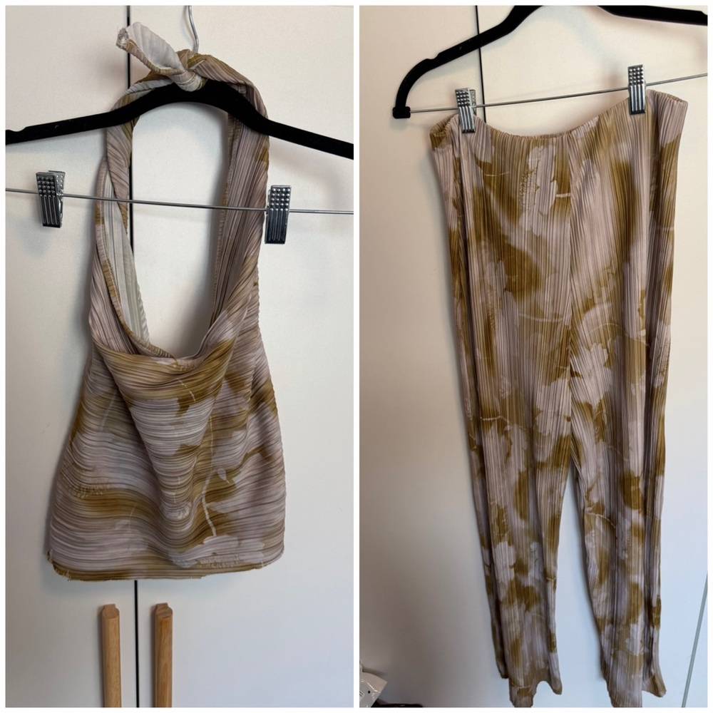 PrettyLittleThing Beige and Olive Pleated Shirt and Pants Set